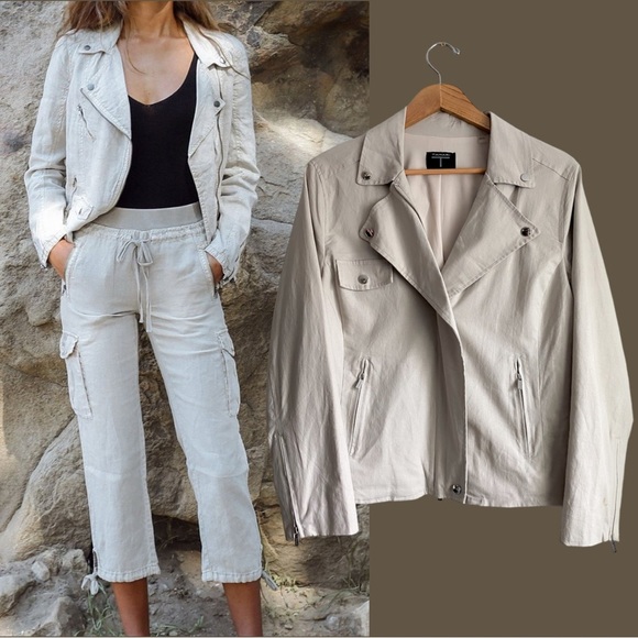 Tahari Linen Gray Moto Dual Zip Up Jacket Collard Utility Motocycle Western L - Picture 1 of 10